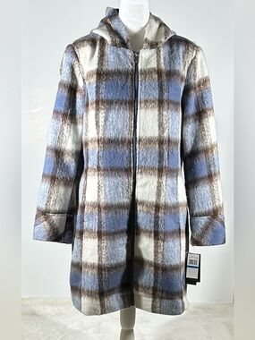 Jones New York Slate Blue Plaid Water Resistant Hooded Parka Jacket Coat XL NWT